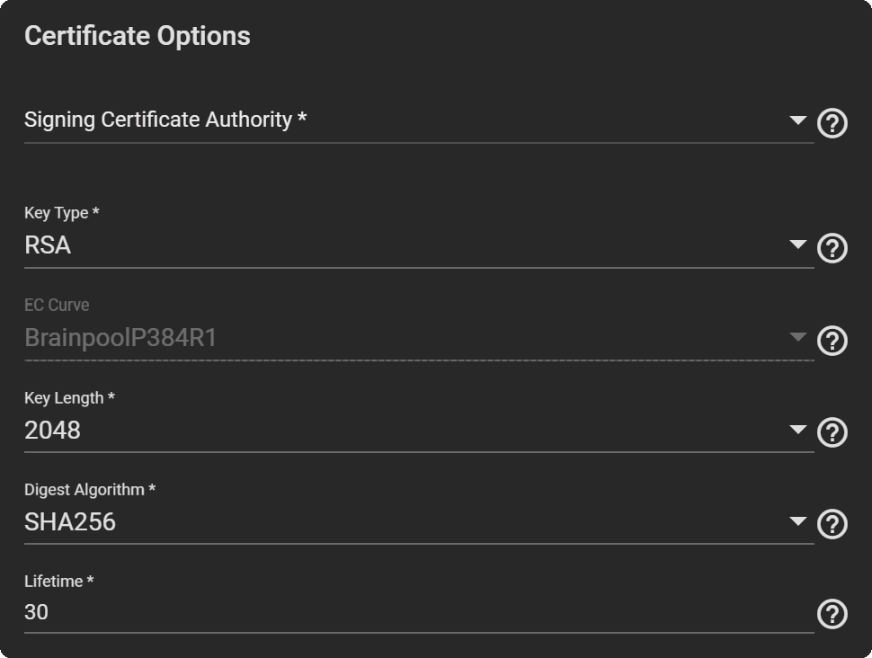 Create Certificate Certificate Options